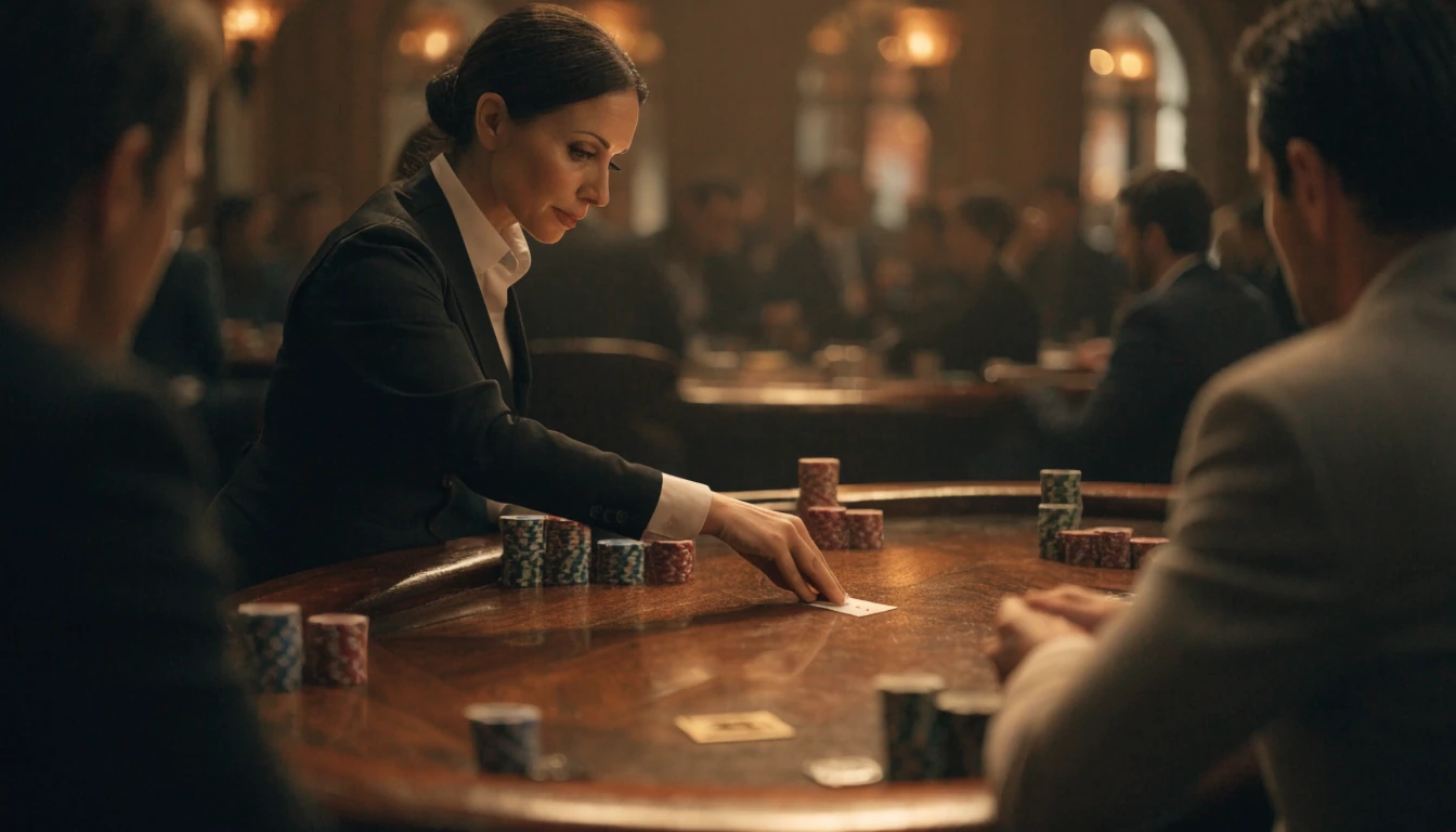 Élő blackjack asztal elegáns budapesti kaszinóban, valódi osztó kártyákat oszt.